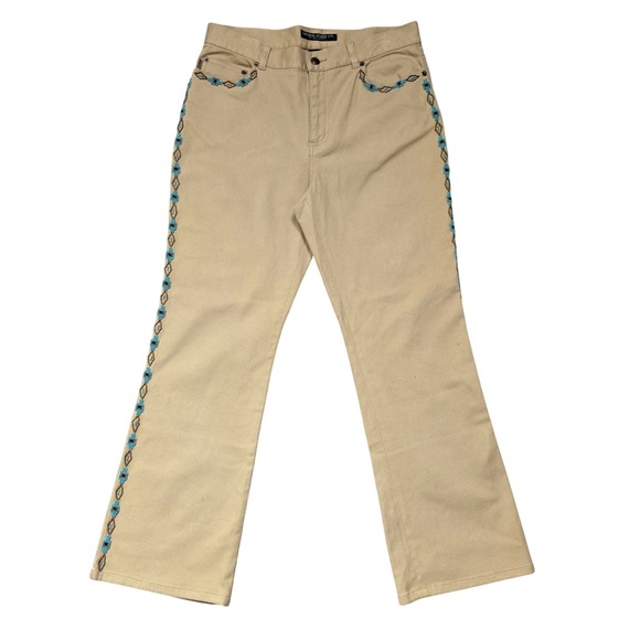 Lauren Jeans Co Pants Womens 12P Beige Beaded Embroidered Flare Western Boho - Picture 1 of 16